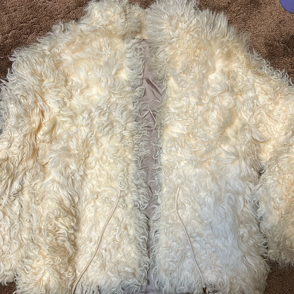 CREAM CURLY LAMB FUR JACKET WITH STRINGS TO TIE TOGETHER